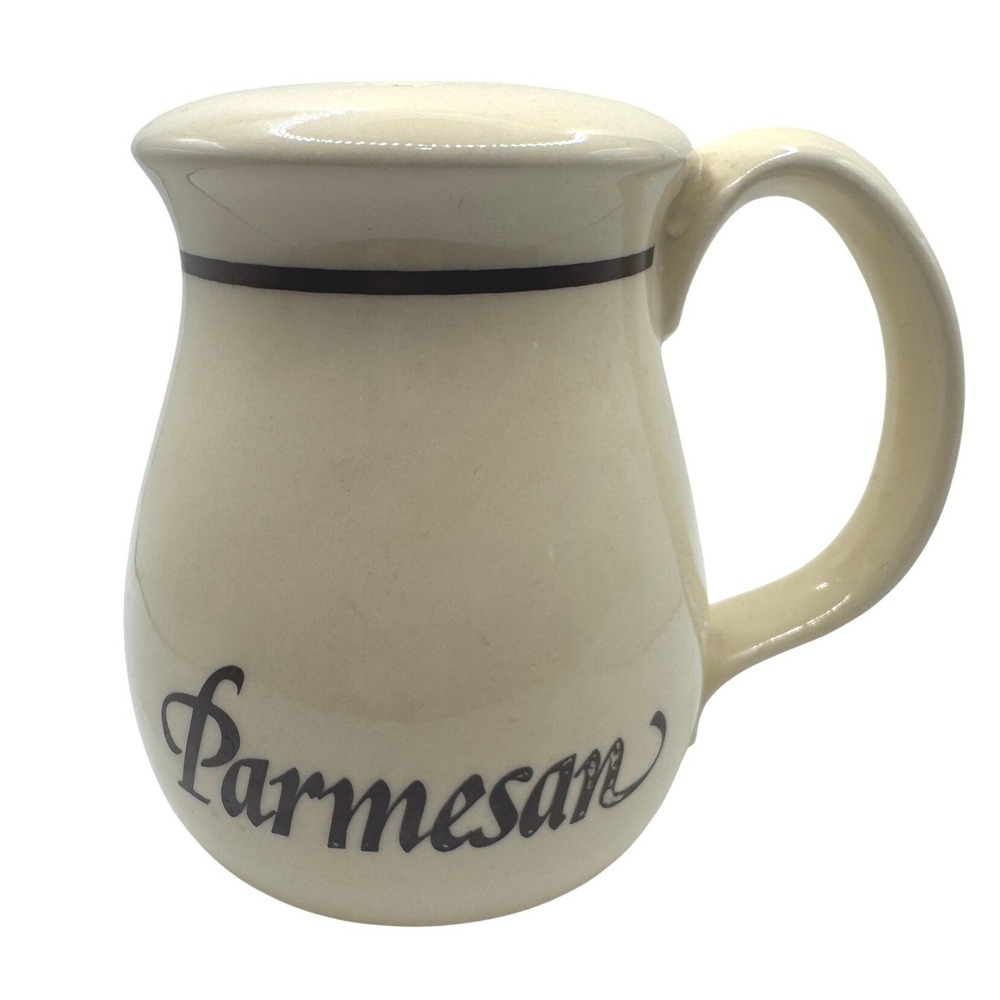 Vintage Ceramic Parmesan Cheese Shaker Dispenser Cream with Brown Script Accent